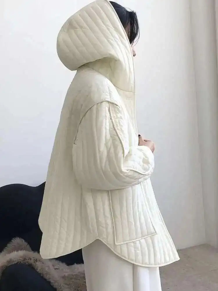 Hooded Beige Big Size Cotton-padded Coat Long Sleeve Loose Fit Women Parkas Fashion Tide New Autumn Winter 2025 1DH3820
