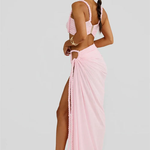 Load image into Gallery viewer, Summer Beach Sexy Two Piece Sets Women Strapless Crop Tops And Maxi Skirt Female Elegant Vacation Club 2 Piece Set
