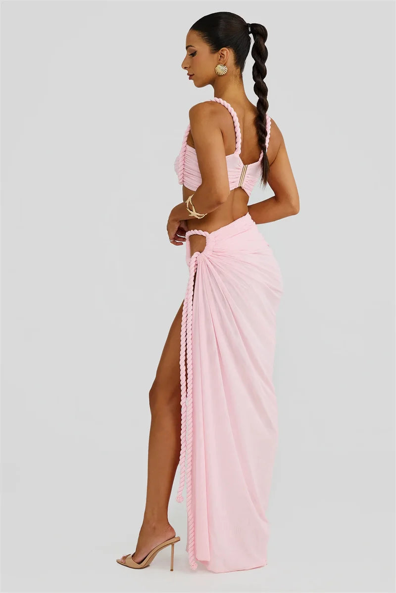 Summer Beach Sexy Two Piece Sets Women Strapless Crop Tops And Maxi Skirt Female Elegant Vacation Club 2 Piece Set