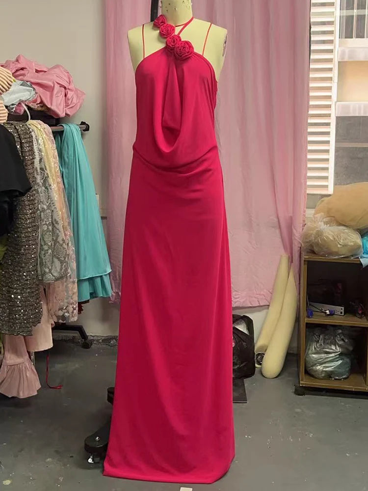 Rose Halter Off-shoulder Sexy Maxi Dress Women Rose Red Sleeveless Backless Lace-up High Waist Club Party Long Dress