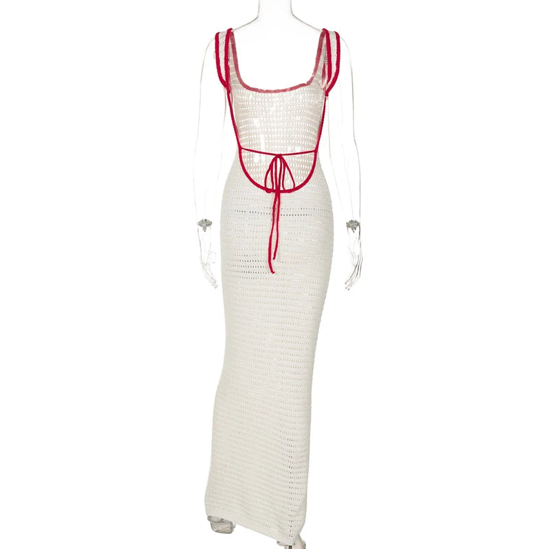 Hollow Out Backless Knit Maxi Dress For Women White Spaghetti Strap Sleeveless Bodycon Club Party Sexy Knitted Dress