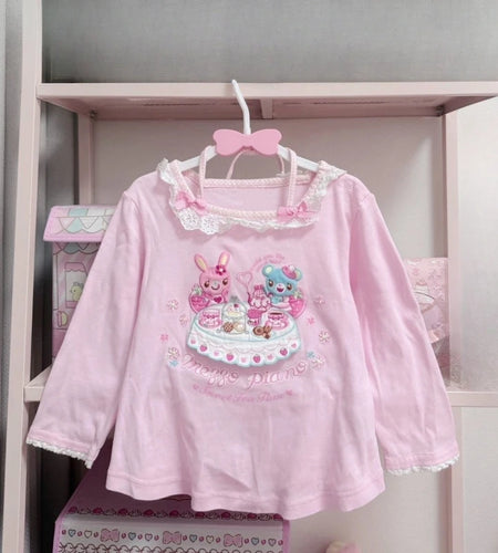 Japanese Cartoon Embroidery T-shirt Women Sweet Y2k Aesthetic Lace Patchwork Tops Girls Harajuku Grunge Kawaii Cute Bow Tees