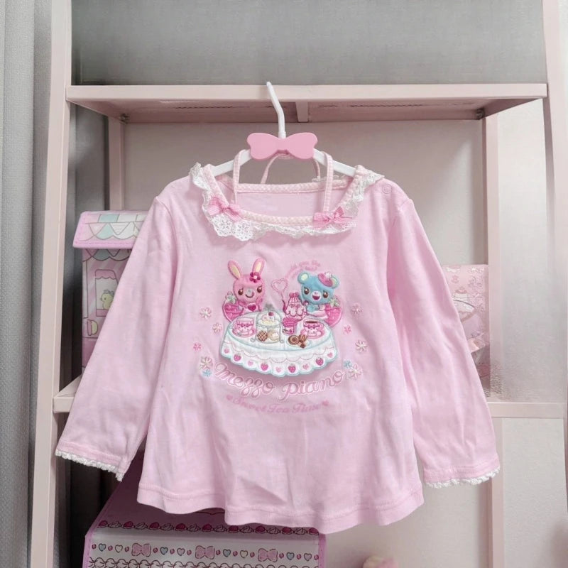 Japanese Cartoon Embroidery T-shirt Women Sweet Y2k Aesthetic Lace Patchwork Tops Girls Harajuku Grunge Kawaii Cute Bow Tees