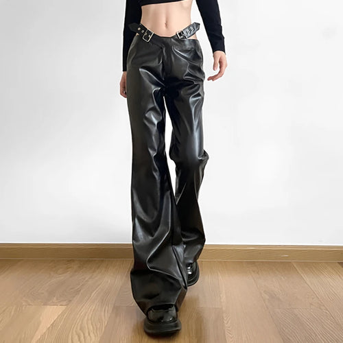 Load image into Gallery viewer, Fashion Punk Buckle Black PU Leather Pants Korean Style Solid Boot Cut Trousers Women Harajuku Autumn Capris Outfits
