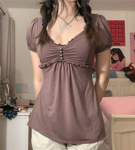 Vintage Aesthetic Women T Shirt Elegant Ladies Short Sleeve V Neck Ruffled Tops Summer Lolita Kawaii Grunge Clothes