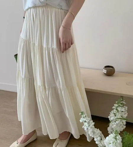 Spring Summer New Solid Elegant Slim Vacation Party Pleated Skirt Women's French Fashion Office Long Skirt Trend Ladies Clothing