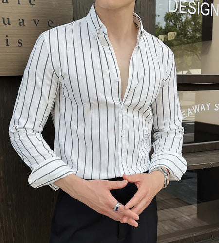 Striped Men's New Long Sleeved Shirts Korean Fashion Shirt Male Turn-down Collar Clothing Loose Spring Style 9W1567
