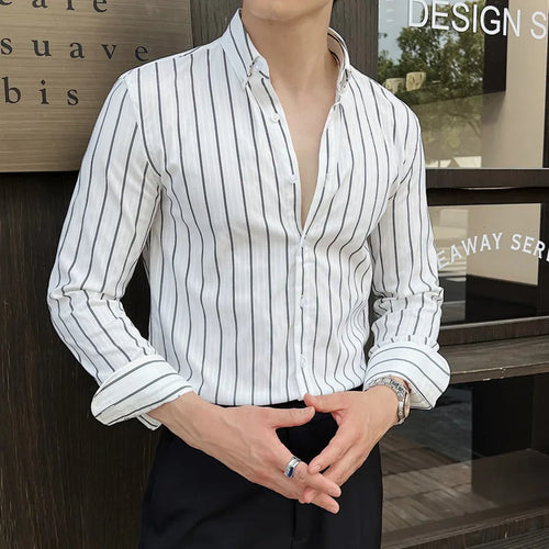 Load image into Gallery viewer, Striped Men&#39;s New Long Sleeved Shirts Korean Fashion Shirt Male Turn-down Collar Clothing Loose Spring Style 9W1567
