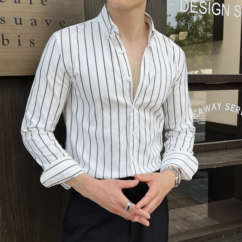 Striped Men's New Long Sleeved Shirts Korean Fashion Shirt Male Turn-down Collar Clothing Loose Spring Style 9W1567