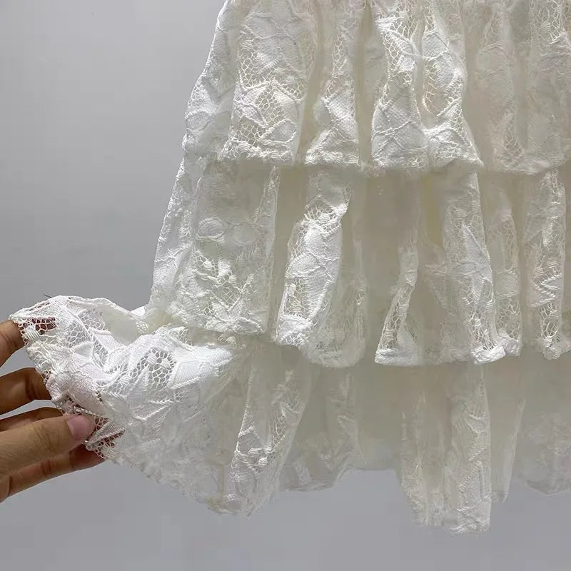 Vintage Sweet Beige Kawaii Fluffy Short Skirt Women Black Elegant High Waist A-line Lace Cake Mini Skirts Summer Trend Romantic