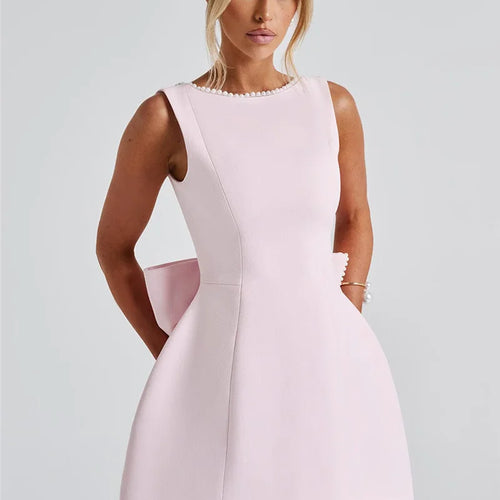 Load image into Gallery viewer, Pearl Bow Backless Sexy Mini Dress For Women Robe Fashion Zipper Sleeveless High Waist A-line Club Party Dress Elegant
