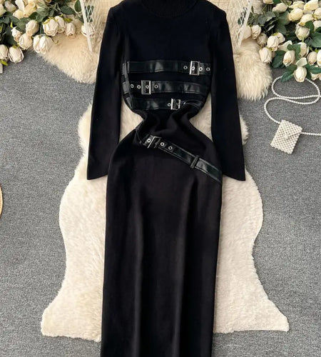 Women Beige Workwear Style Design Knit Dress Autumn Winter 2023 New Casual Half High Collar Black Pullover Office Lady Dress Y2k