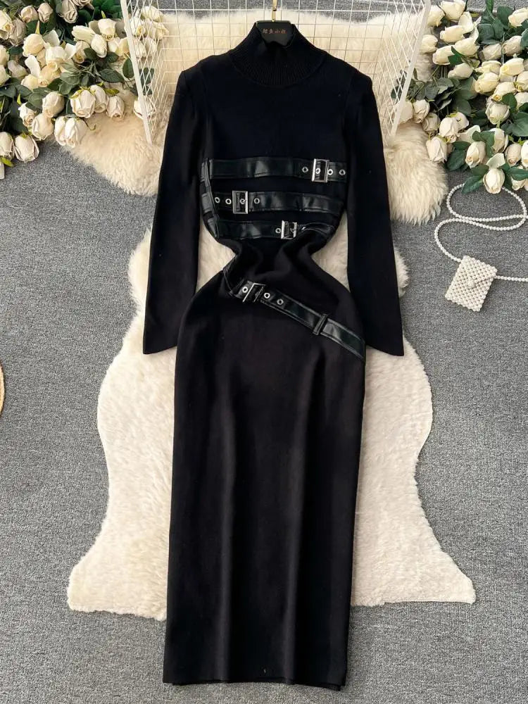 Women Beige Workwear Style Design Knit Dress Autumn Winter 2023 New Casual Half High Collar Black Pullover Office Lady Dress Y2k