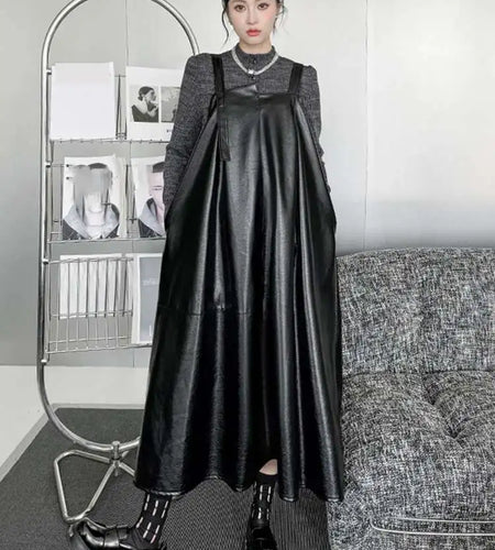 Women Black Pu Leather Big Size Casual Strap Dress New Square Collar Sleeveless Fashion Tide Spring Autumn 2025 1DH5160