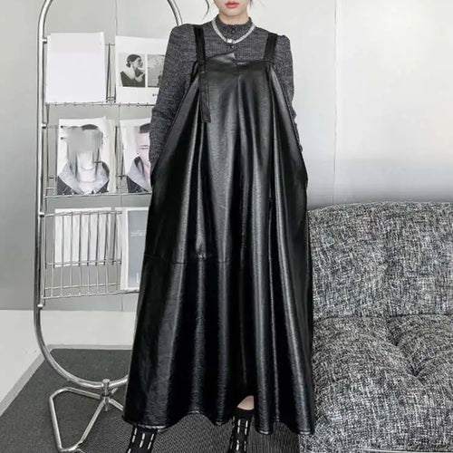 Load image into Gallery viewer, Women Black Pu Leather Big Size Casual Strap Dress New Square Collar Sleeveless Fashion Tide Spring Autumn 2025 1DH5160
