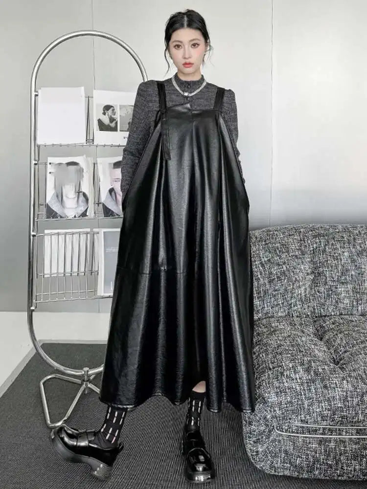 Women Black Pu Leather Big Size Casual Strap Dress New Square Collar Sleeveless Fashion Tide Spring Autumn 2025 1DH5160