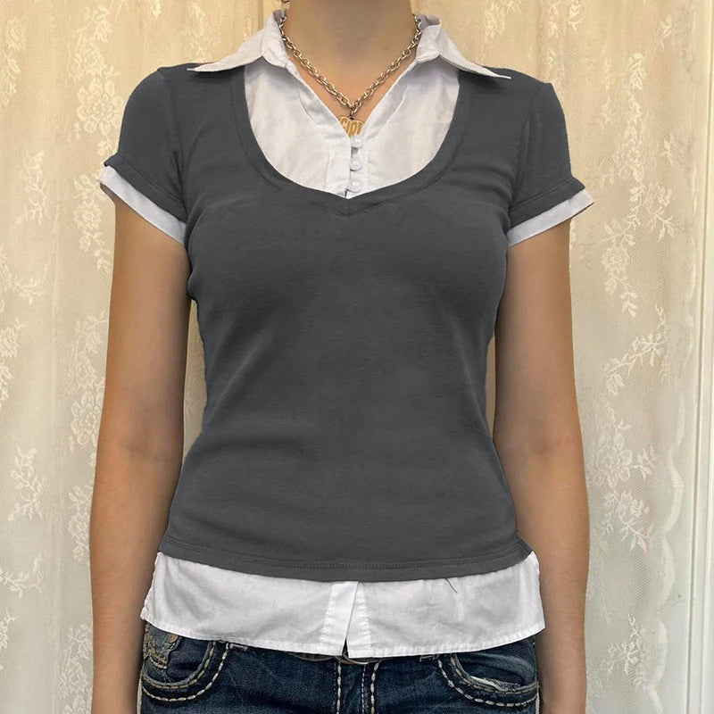 Casual Patchwork Slim Summer Women T-shirts Contrast Color Turn-Down Collar Top Tee Preppy Style Korean Shirt Outfits