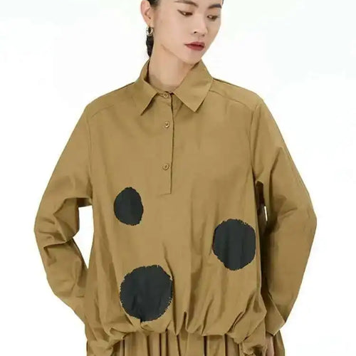 Load image into Gallery viewer, Women Black Color-block Dot Big Size Blouse New Lapel Long Sleeve Large Hem Shirt Fashion Tide Spring Autumn 2025 1DH4274
