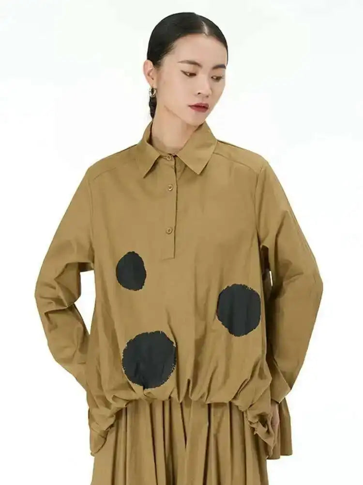 Women Black Color-block Dot Big Size Blouse New Lapel Long Sleeve Large Hem Shirt Fashion Tide Spring Autumn 2025 1DH4274