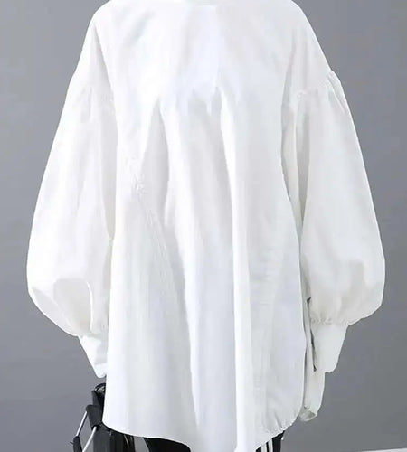 Women Back Long Drawstring Big Size Blouse New Satnd Collar Long Sleeve Loose Fit Shirt Fashion Spring Autumn 2025 1Z189