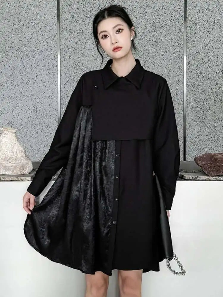 Women Black Velvet Big Size Pleated Mini Shirt Dress New Lapel Long Sleeve Fashion Tide Spring Autumn 2025 1DH5157