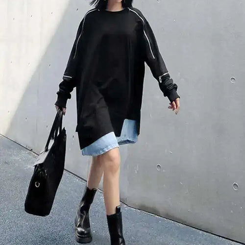 Load image into Gallery viewer, Women Black Denim Hem Zipper Big Size Casual Long T-shirt New Round Neck Long Sleeve Fashion Spring Autumn 2025 1DF6030
