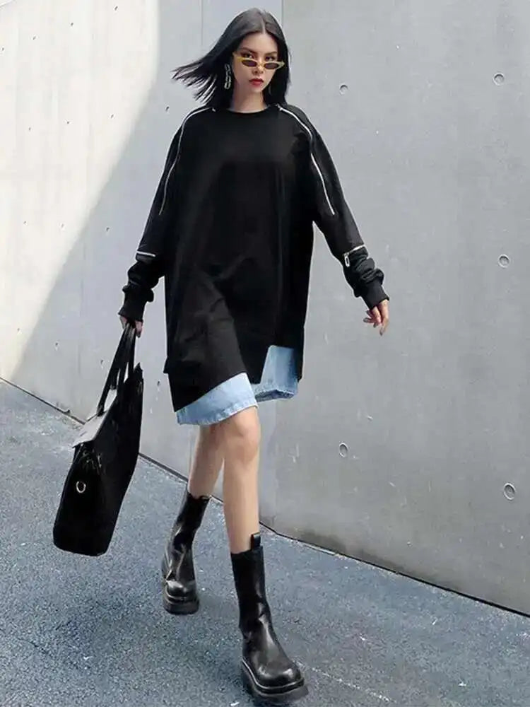 Women Black Denim Hem Zipper Big Size Casual Long T-shirt New Round Neck Long Sleeve Fashion Spring Autumn 2025 1DF6030