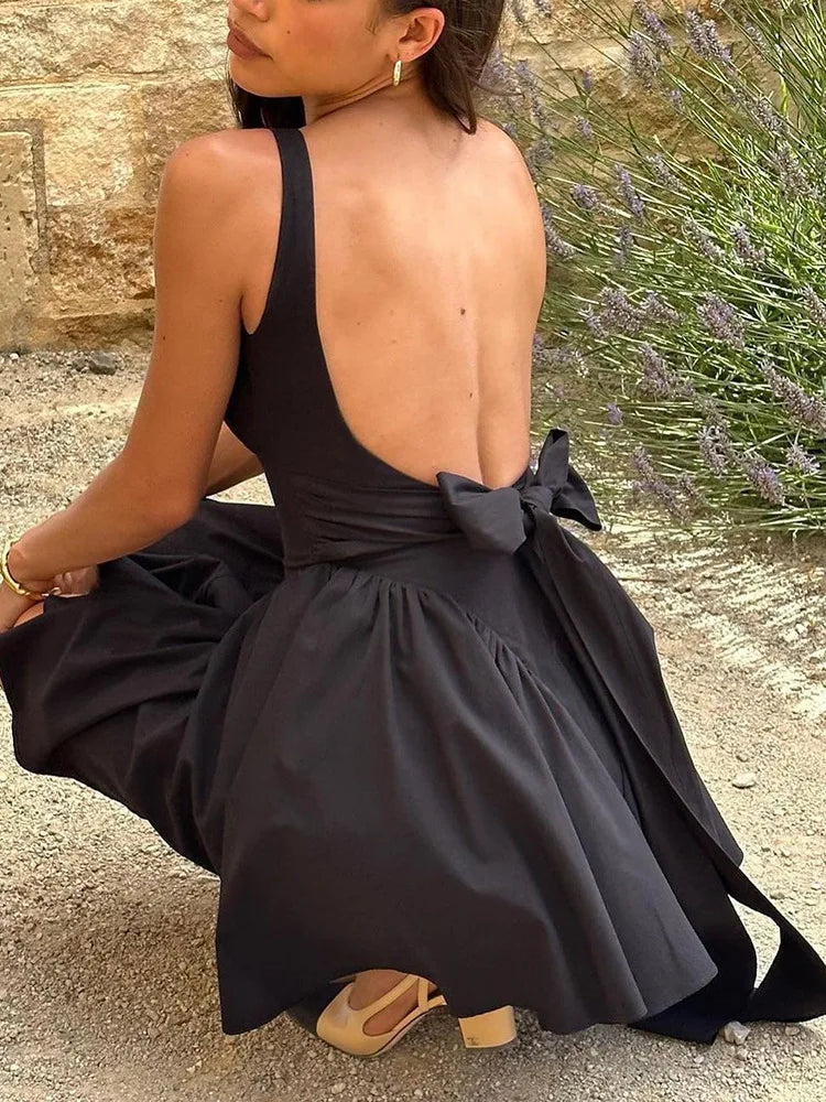Elegant Backless Bow Mini Dress For Women 2023 Autumn New Square Collar Sleeveless Ruffles Sexy Dress Vintage Fashion