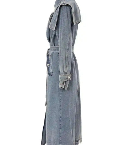 Women Blue Denim Big Size Long Trench New Lapel Long Sleeve Loose Fit Windbreaker Fashion Tide Spring Autumn 2025 17A4709