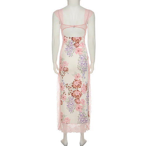 Load image into Gallery viewer, Pink Floral Printing Lace Patchowrk Dress Women Summer Holiay Chest Hollow Out With Side Fork Wrap Sundress Vintage
