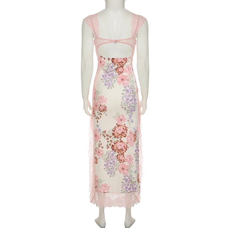 Pink Floral Printing Lace Patchowrk Dress Women Summer Holiay Chest Hollow Out With Side Fork Wrap Sundress Vintage