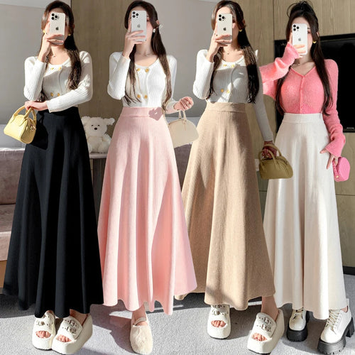 Load image into Gallery viewer, French Fashion Winter Autumn Warm Women Solid Knit Long Skirt Retro Elastic High Waist Ruffle Edge A-line Pleated Skirt 2024 New
