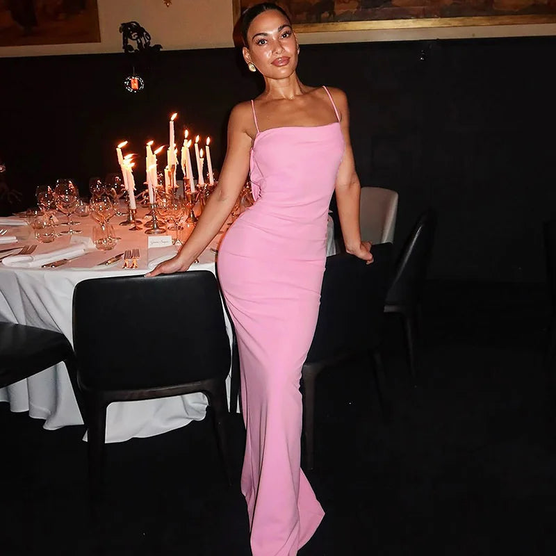 Spaghetti Strap Backless Sexy Maxi Dress Women Gown Summer New Fashion Solid High Waist Evening Beach Club Long Dress