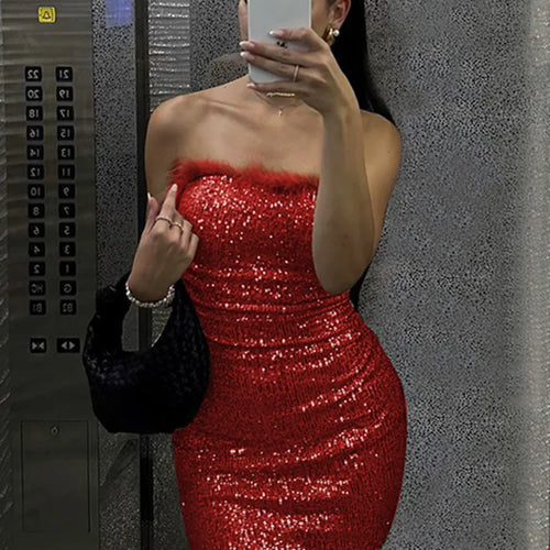 Load image into Gallery viewer, Sequins Off-shoulder Sexy Mini Dress For Women Fashion Strapless Feather Backless Bodycon Club Party Sparkle Dress
