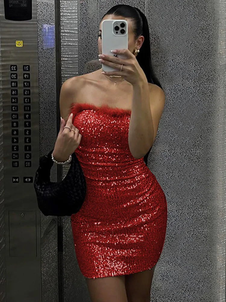 Sequins Off-shoulder Sexy Mini Dress For Women Fashion Strapless Feather Backless Bodycon Club Party Sparkle Dress