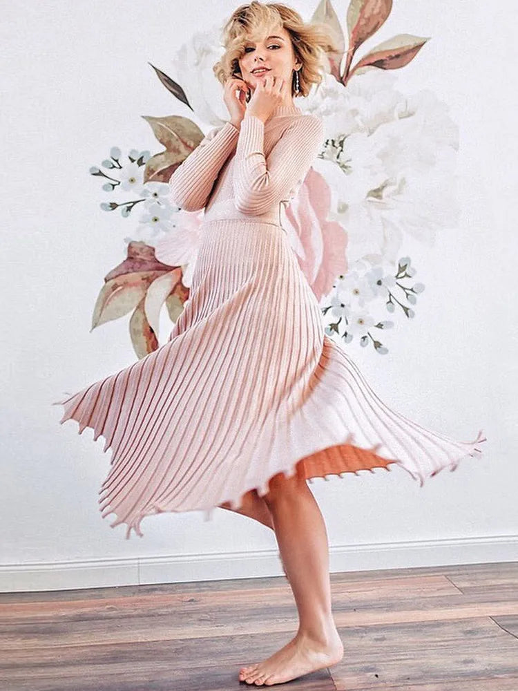 Women Knitted Long Dress Ribbed Elegant Midi Bodycon Sweater Dress Official Ladies Bandage Pleated Dresses Streetweear