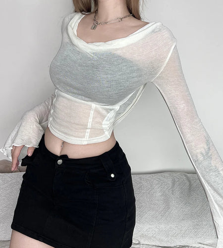 White Hooded Flare Sleeve T shirt for Women Stitch Casual Summer Tops y2k See Through Korean Fairycore Tees Clothing