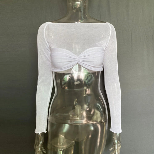 Load image into Gallery viewer, See Through Mesh Crop Top Women Pullovers Strapless Short Knit Cropped Tops Ladies Tee Shirt Sexy Off-shoulder T-shirt
