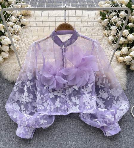 Autumn Women French Retro Mesh 3d Flower Design Blouse Long Sleeve 2023 Elegant Holiday Print Single Breasted Shirt Romantic Y2k