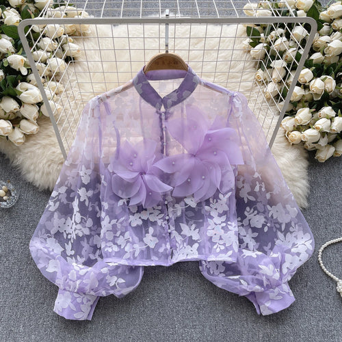 Load image into Gallery viewer, Autumn Women French Retro Mesh 3d Flower Design Blouse Long Sleeve 2023 Elegant Holiday Print Single Breasted Shirt Romantic Y2k
