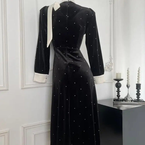 Load image into Gallery viewer, Autumn Winter 2024 French Black Velvet Patchwork Dot Elegant Single Breasted Dress Women V Neck Long Sleeved Party Evening Dress
