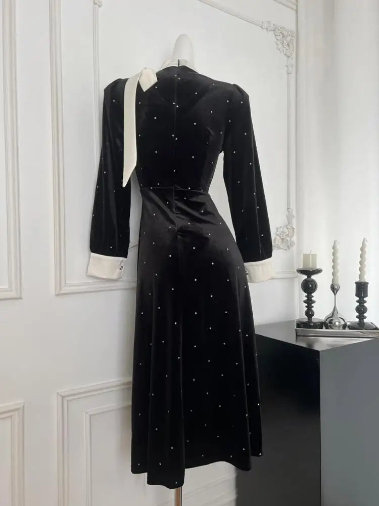 Autumn Winter 2024 French Black Velvet Patchwork Dot Elegant Single Breasted Dress Women V Neck Long Sleeved Party Evening Dress