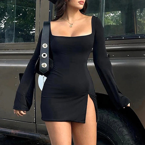 Load image into Gallery viewer, Fashion Elegant Square Neck Basic Autumn Dress Slit Flare Sleeve Solid All-Match Women&#39;s Dress Slim Sexy Casual Black
