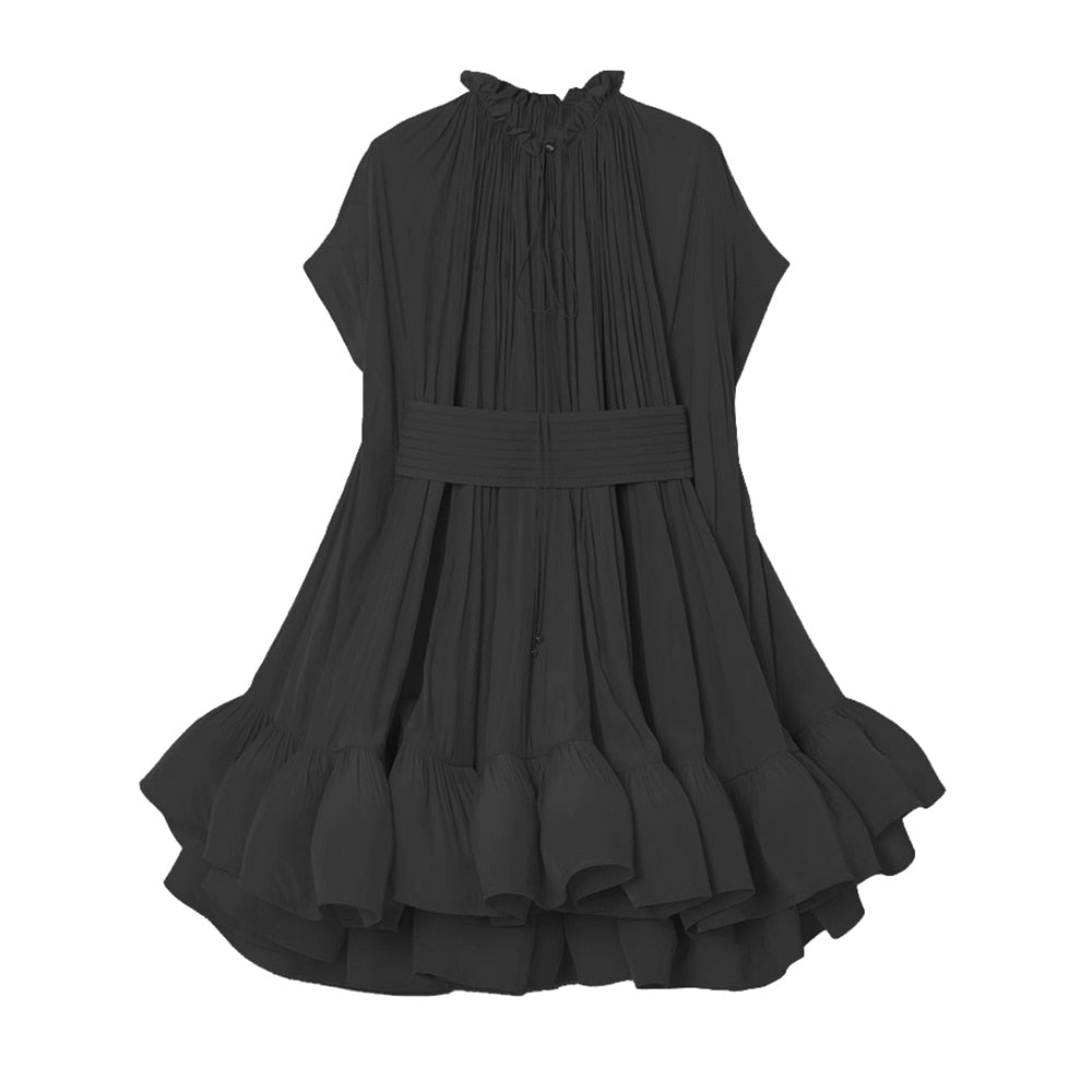 Pleated A Line Dresses For Women Round Neck Short Sleeve High Waist Spliced Irregular Hem Solid Dress Female Summer