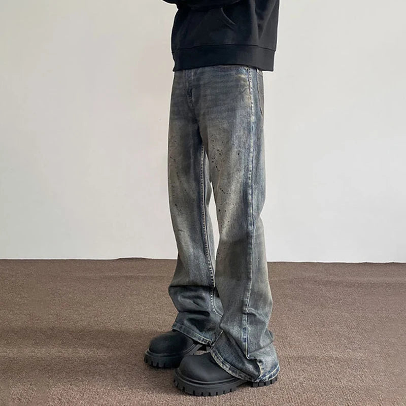 Men's Jeans New American Style High Street Washed Splashed Ink Denim Pants Male Straight Leg Slim Flared Trousers 9W1480