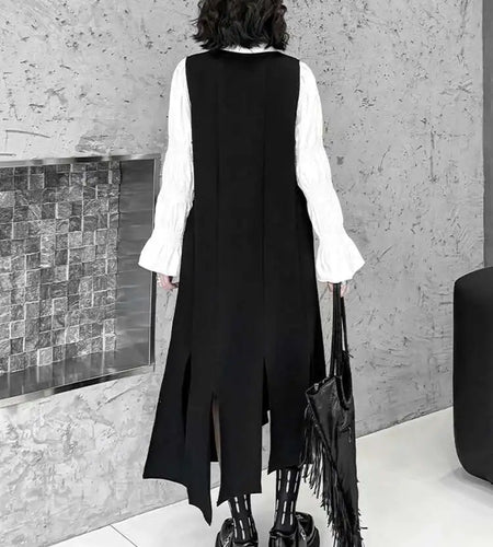 Women Black Irregular Ribbons Big Size Strap Dress New Round Neck Sleeveless Fashion Tide Spring Autumn 2025 1DH8059
