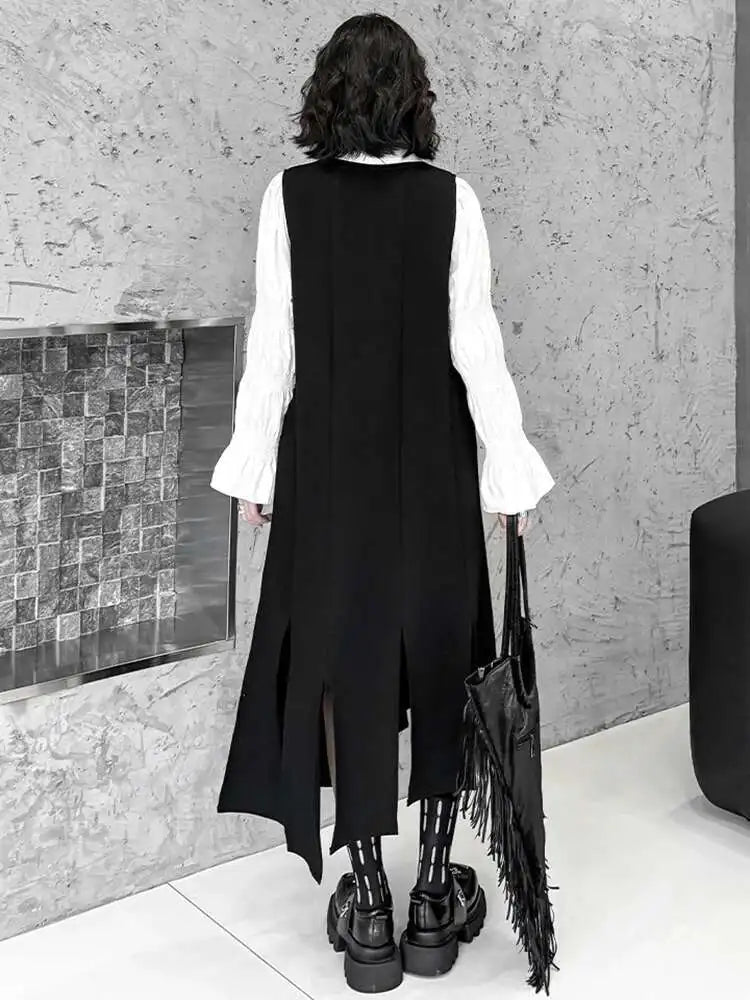 Women Black Irregular Ribbons Big Size Strap Dress New Round Neck Sleeveless Fashion Tide Spring Autumn 2025 1DH8059