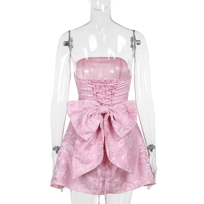 Backless Bow Sexy Mini Dress For Women Fashion Off-shoulder Strapless Sleeveless Bodycon Club Party Dress Elegant