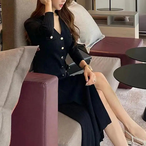 Load image into Gallery viewer, French Fashion Women Black Single Breasted Elegant V Neck Festival Knit Dress Autumn Long Sleeve Slim Fishtail Dress Ladies Chic
