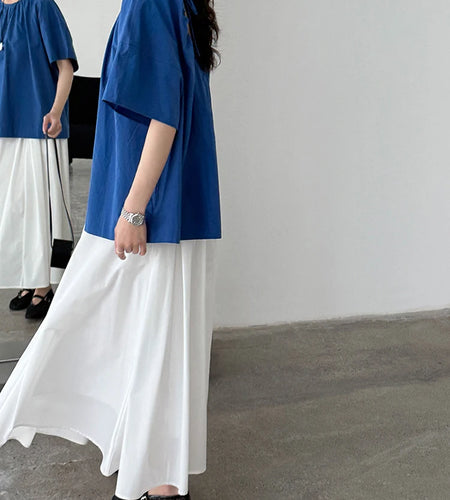 Women Blue Back Hollow Out Bandage Big Size  Blouse New Round Neck Short Sleeve Shirt Fashion Spring Summer 2025 1DJ1082